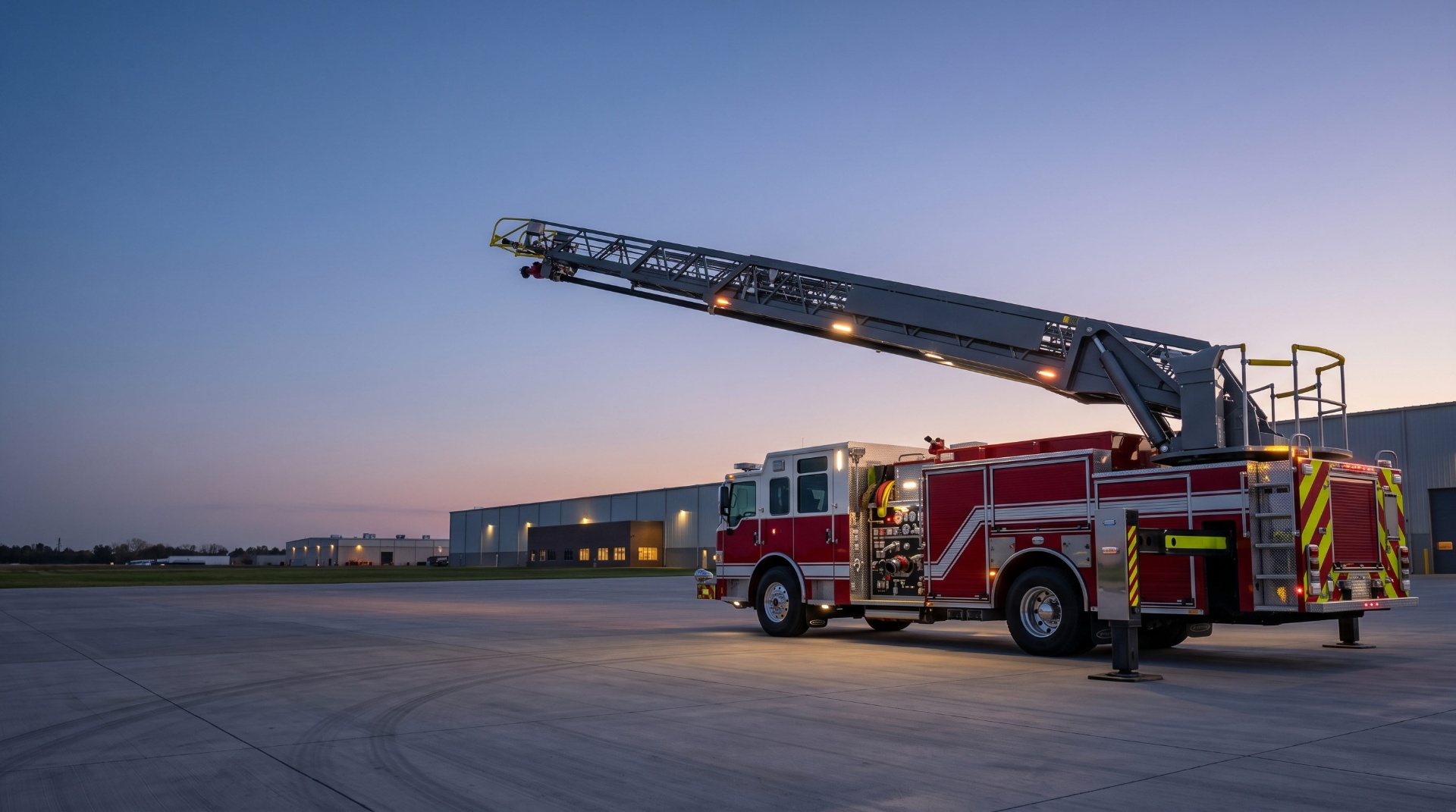 Aerial ladder apparatus deployed at dusk